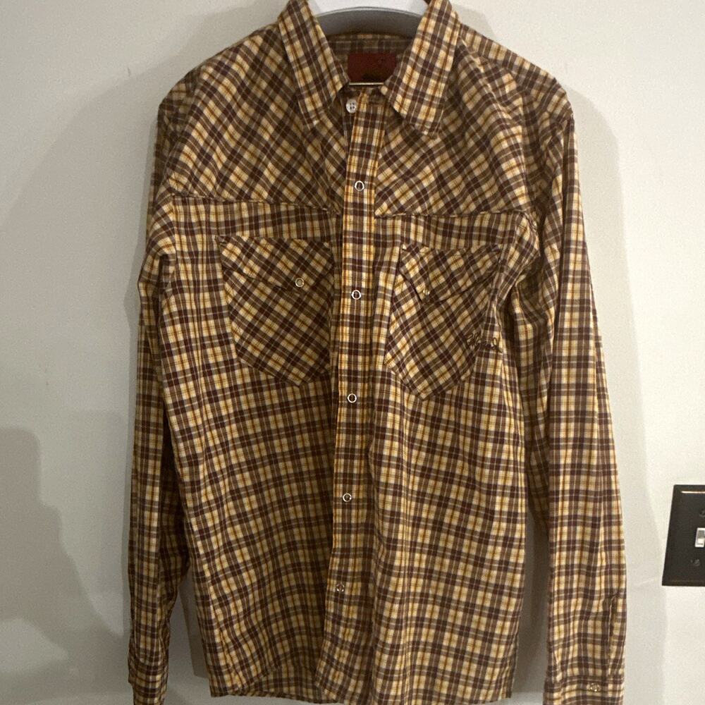 Vintage RedSand Men's L Brown Yellow Plaid Long Sleeve Button-Up Shirt Pockets